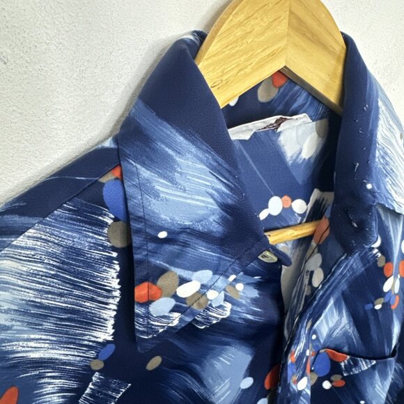 Vintage 70s Sears Sports Life Disco Hipster Men M 15.5 Polyester Shirt Blue - Picture 2 of 6